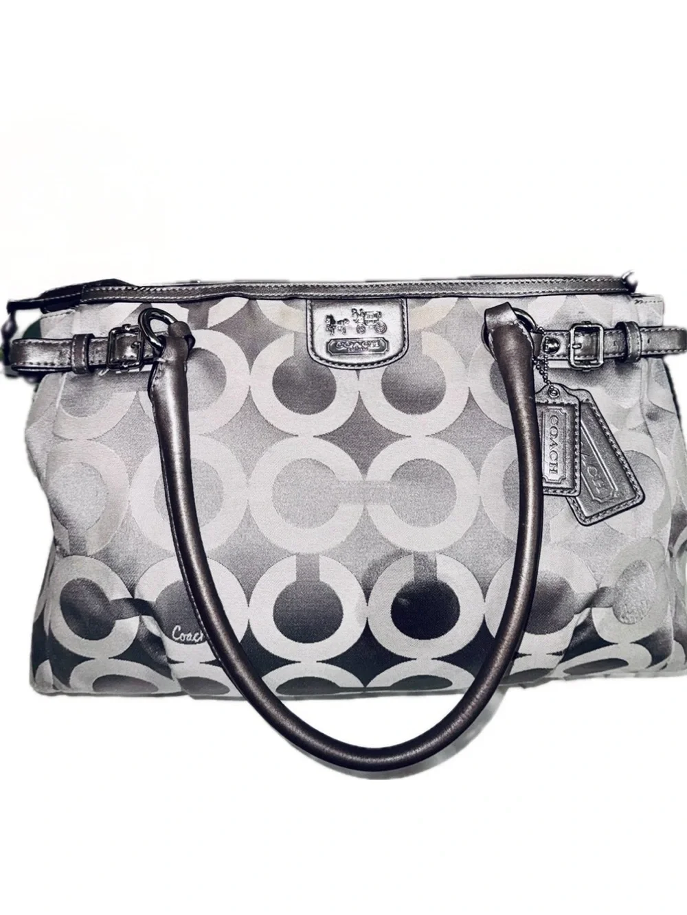 Coach Madison Op Art Kara Carryall Handbag 2012 Silver & Grey w 2-Hangtags - GUC